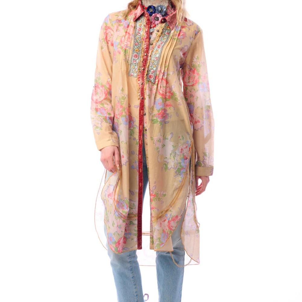 NWT Aratta Christie Floral Sheer Shirt Dress - Beige and Pink Medium M